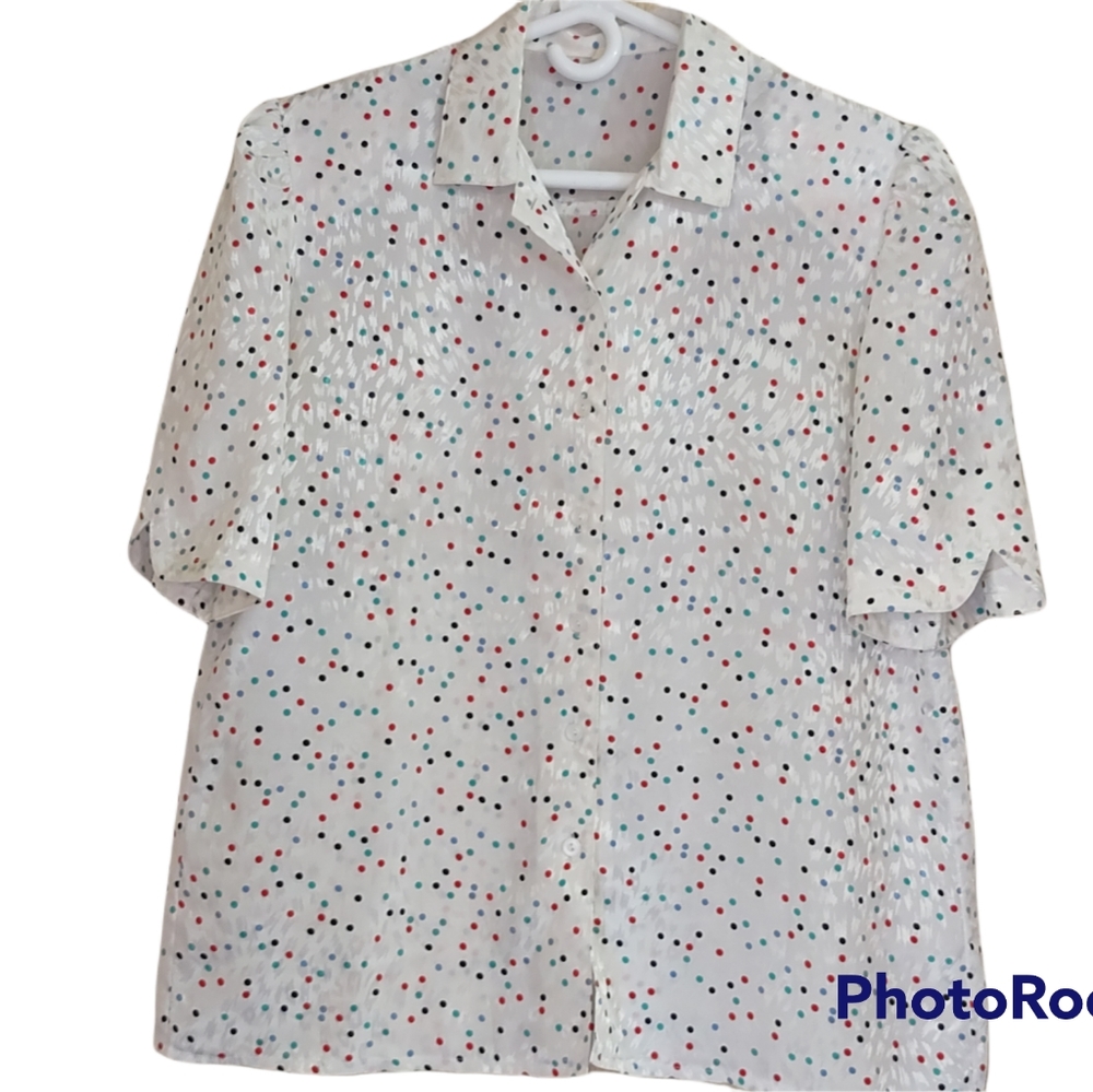 Vintage 100% Polyester Colorful Polka Dot Confetti Collared Button Up Blouse